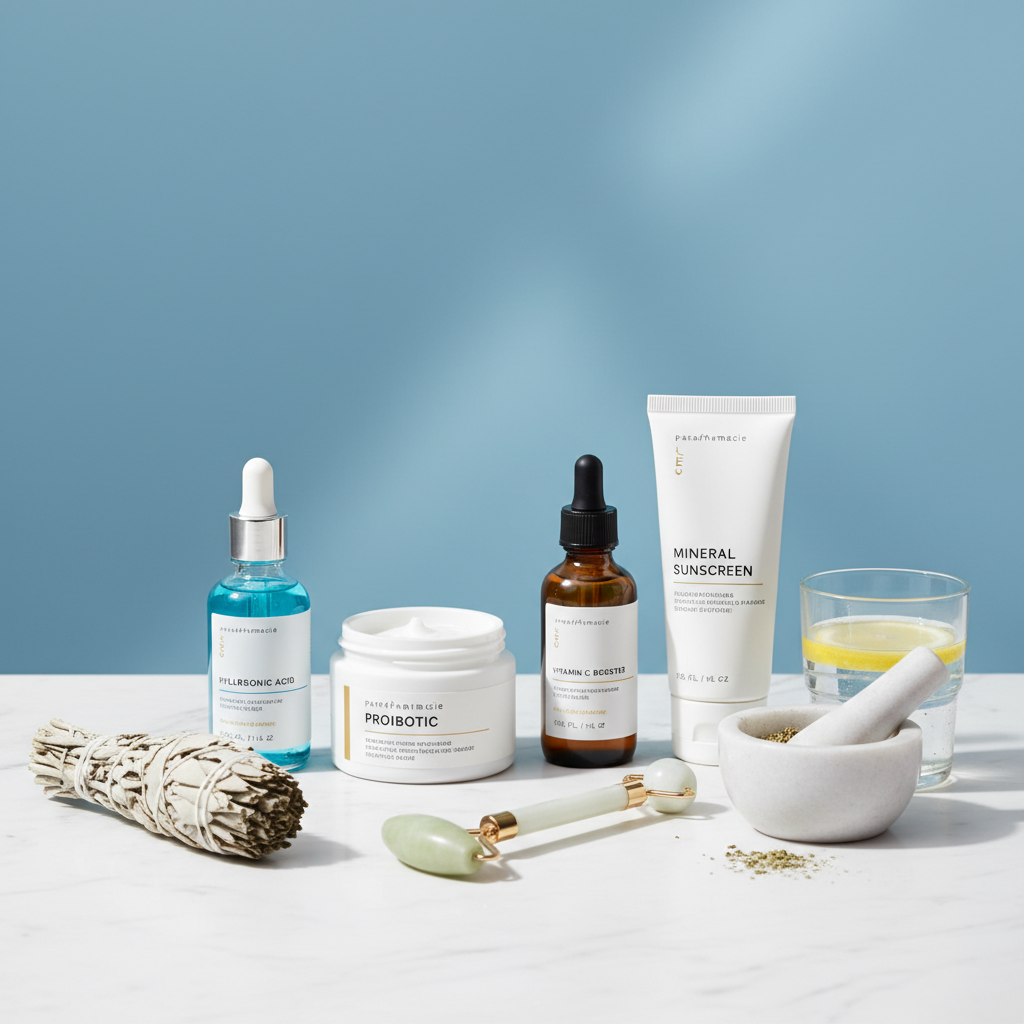 Health ritual with parapharmacie products in clinical blue environment