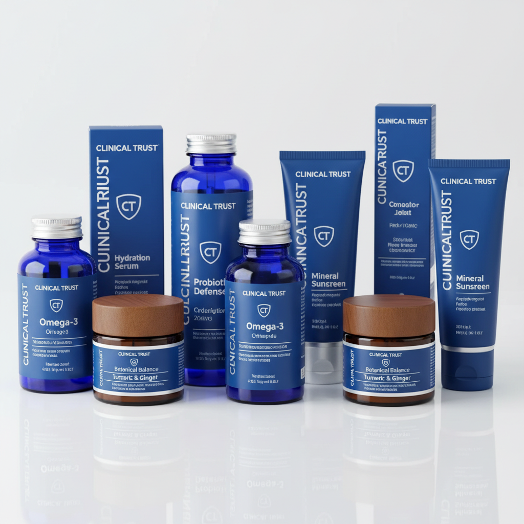 Clinical parapharmacie products with blue clinical trust aesthetic and natural supplements